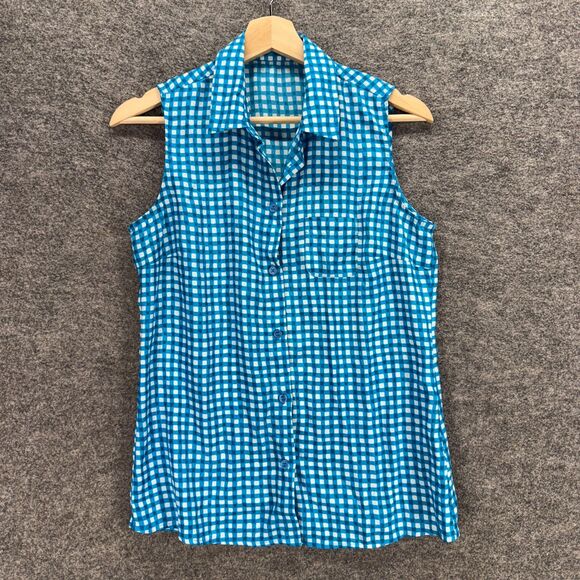 Unbranded Shirt Women M Medium Blue Plaid Button Up Collared Sleeveless Casual - Picture 1 of 5
